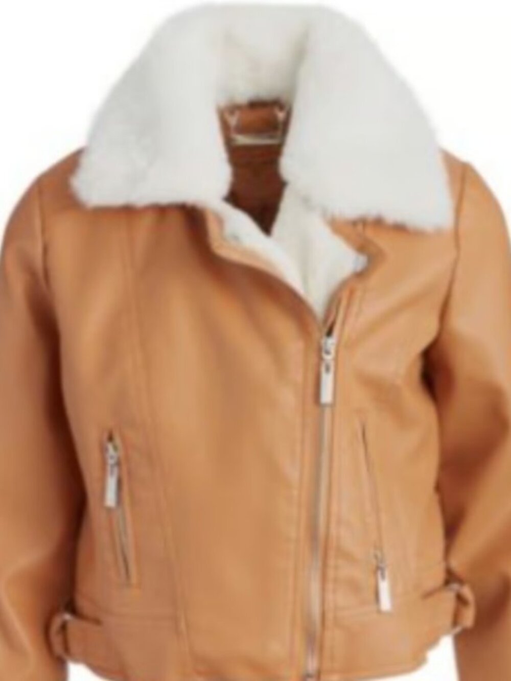 JOUJOU Vegan Faux Leather Jacket L Sandstone Tan White Faux Fur  -A440
